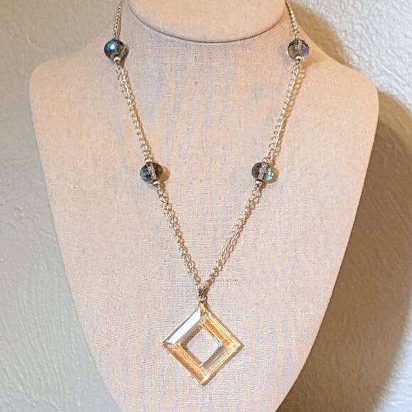 Cut Out Diamond Shape Pendant with Blue AB Crystal Beads on Silver Tone Necklace - Picture 3 of 10